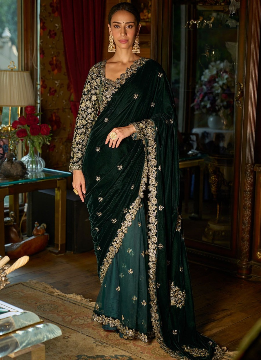 Women Lashkaraa | Dark Green Embroidered Velvet Saree