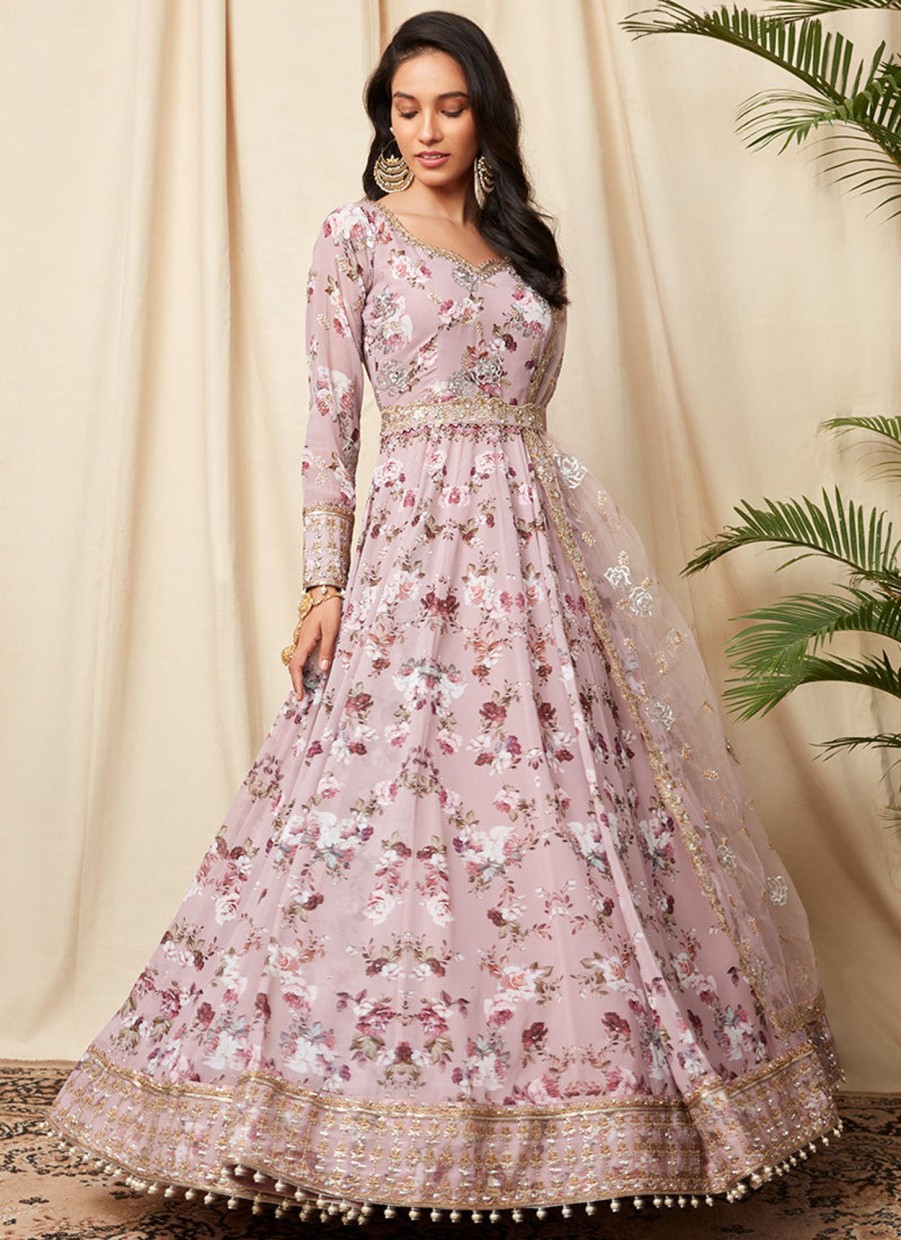 Women Lashkaraa | Dusty Mauve Floral Georgette Anarkali