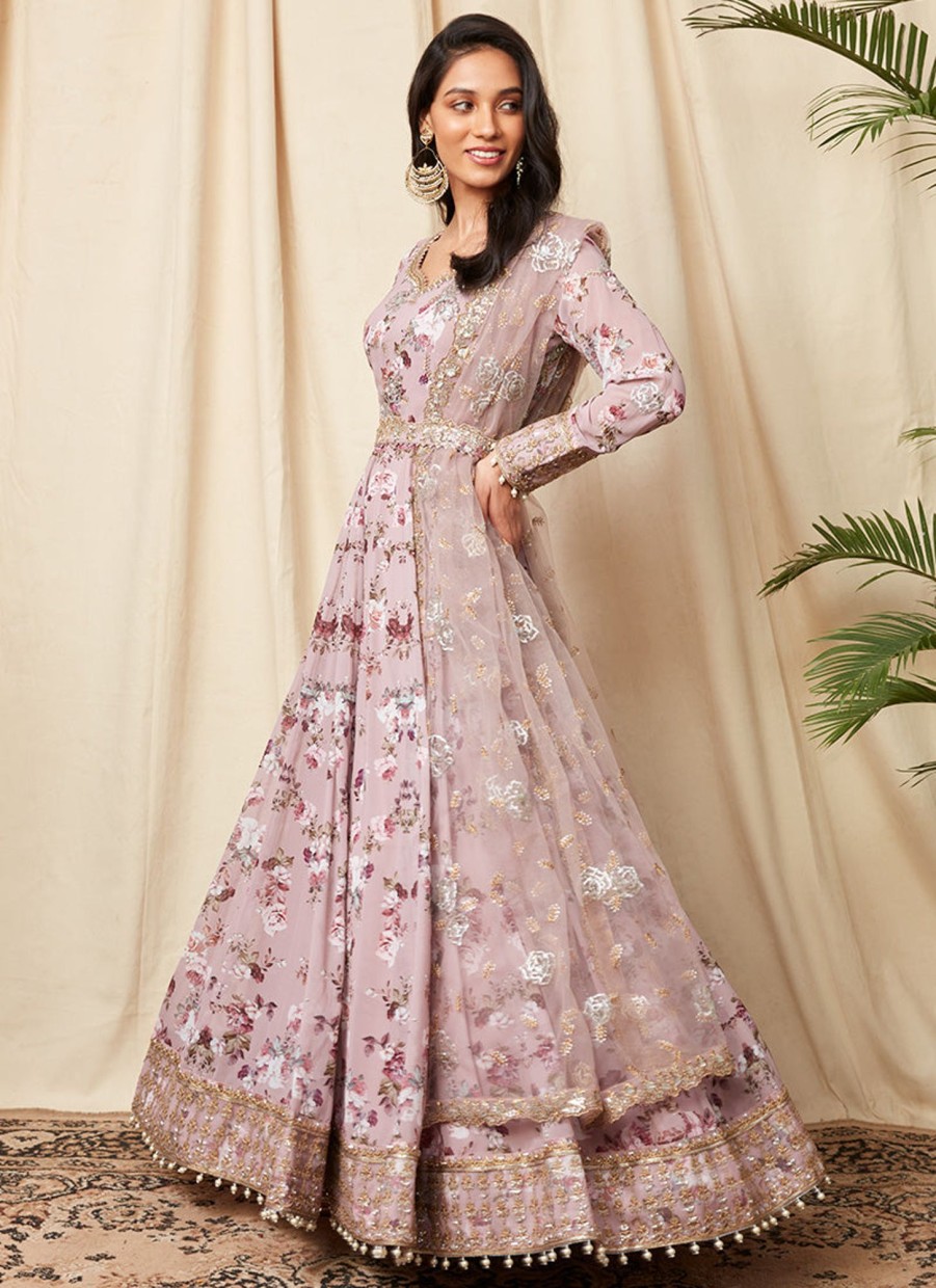 Women Lashkaraa | Dusty Mauve Floral Georgette Anarkali