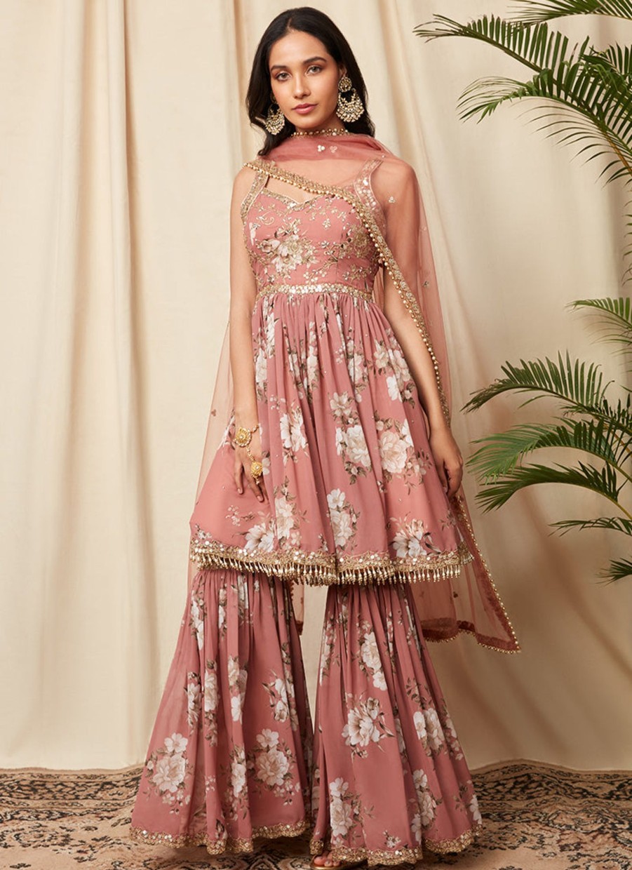 Women Lashkaraa | Dusty Rose Floral Georgette Gharara Suit