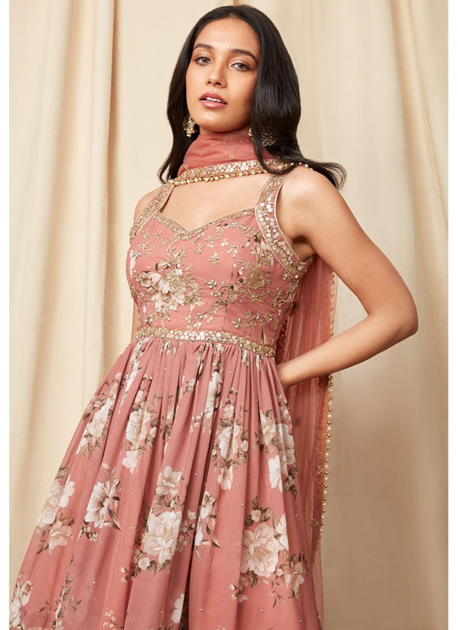 Women Lashkaraa | Dusty Rose Floral Georgette Gharara Suit