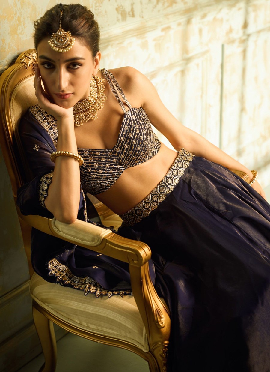 Women Lashkaraa | Navy Blue And Gold Embroidered Lehenga