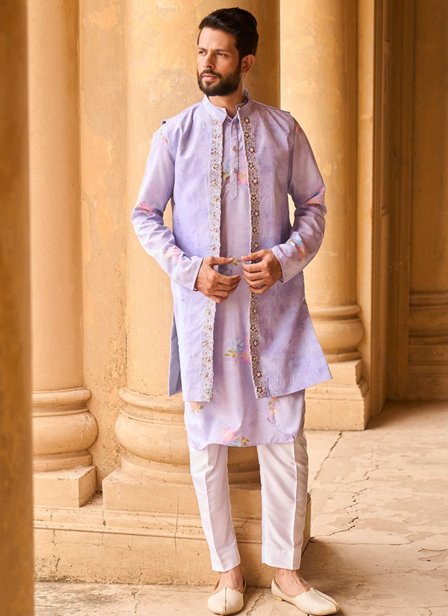 Men Lashkaraa | Periwinkle Velvet Embroidered Jacket With Kurta Set