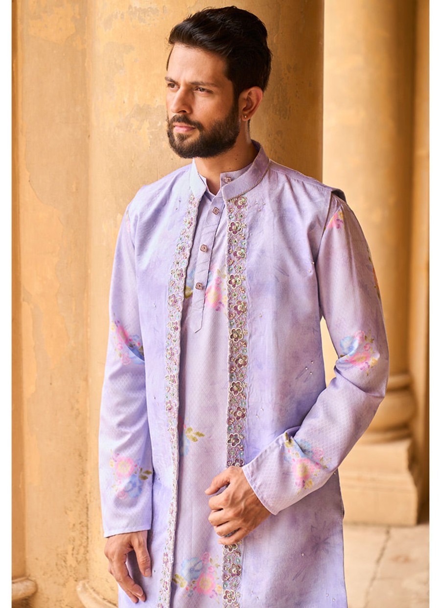 Men Lashkaraa | Periwinkle Velvet Embroidered Jacket With Kurta Set