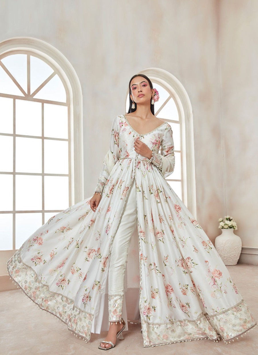 Women Lashkaraa | White Floral Pant Style Anarkali