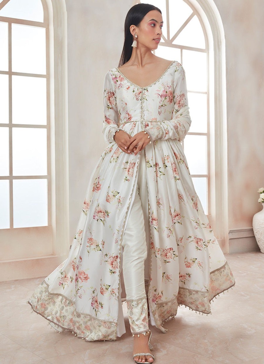 Women Lashkaraa | White Floral Pant Style Anarkali