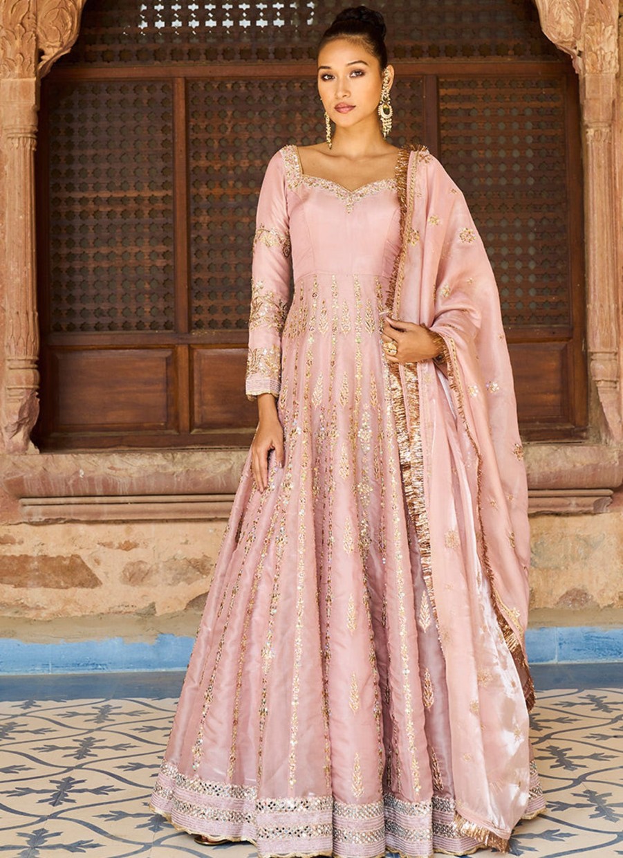 Women Lashkaraa | Rose Pink Satin Organza Anarkali