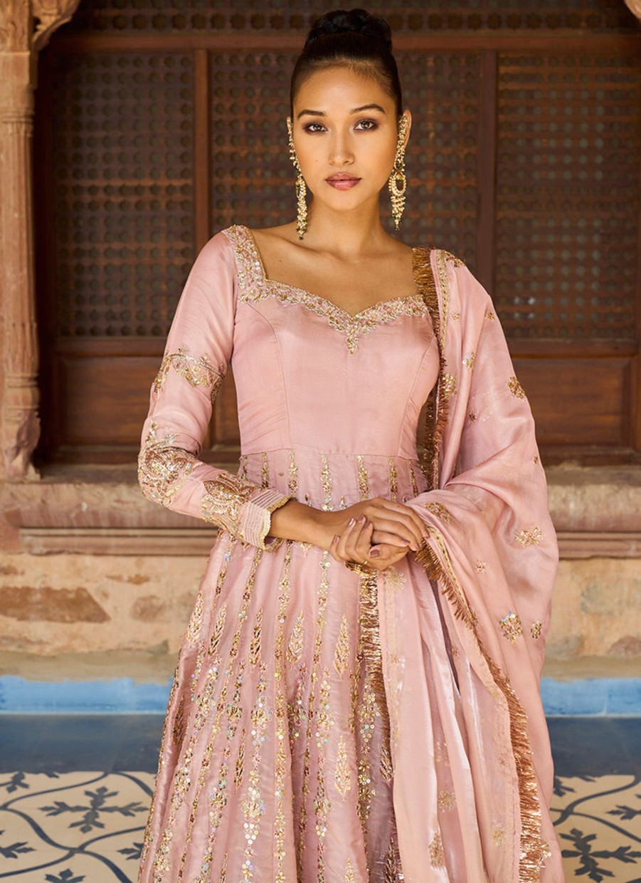 Women Lashkaraa | Rose Pink Satin Organza Anarkali