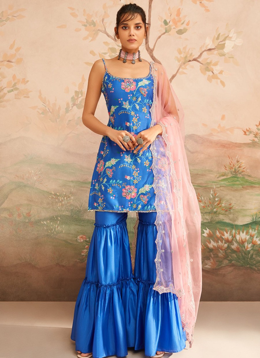 Women Lashkaraa | Blue And Pink Floral Printed Sharara Suit