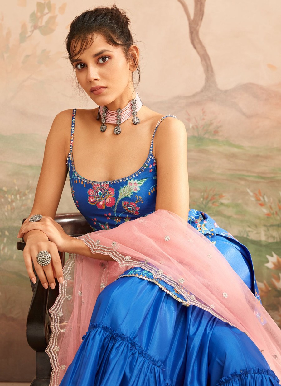 Women Lashkaraa | Blue And Pink Floral Printed Sharara Suit