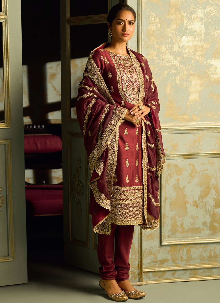 Women Lashkaraa | Maroon And Gold Embroidered Straight Suit