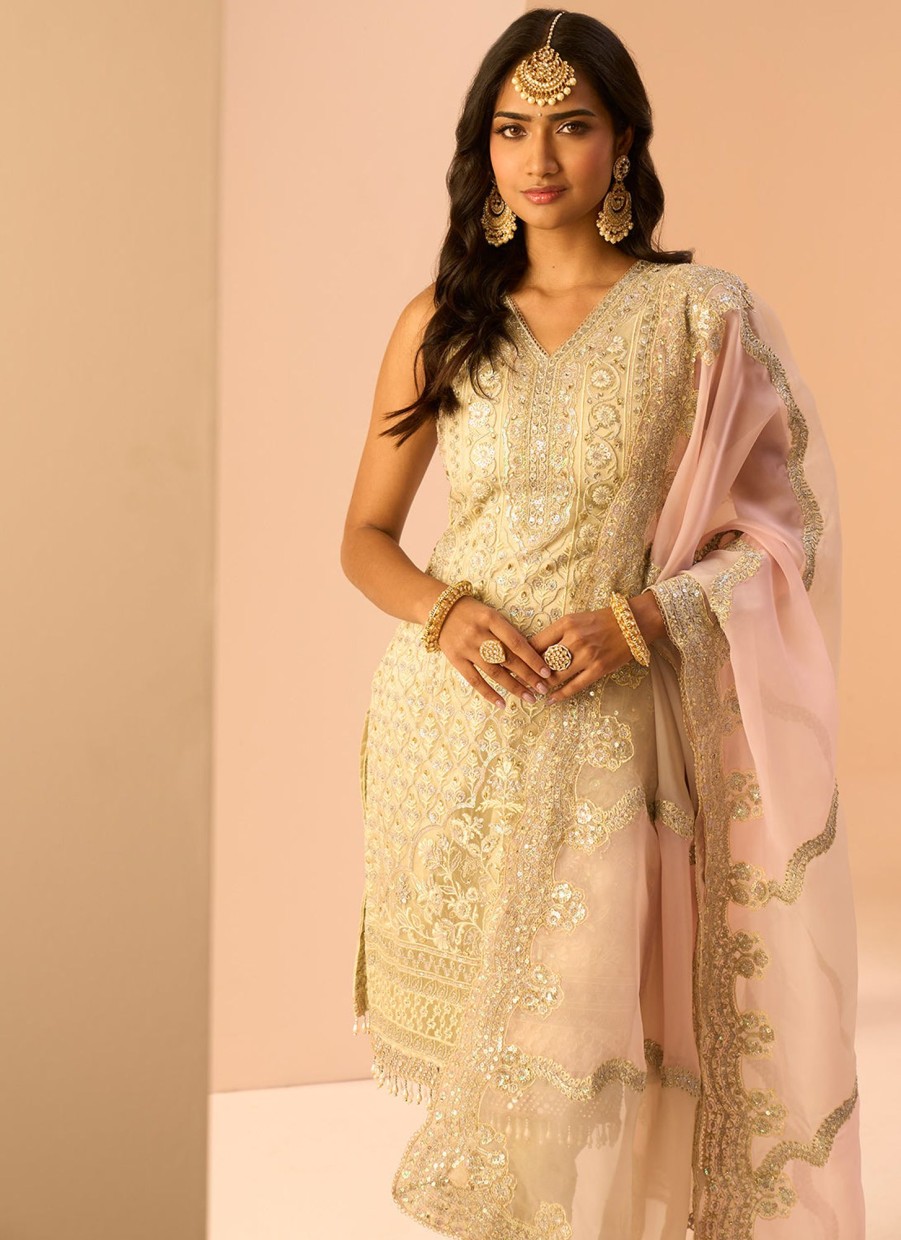 Women Lashkaraa | Light Yellow Embroidered Straight Suit