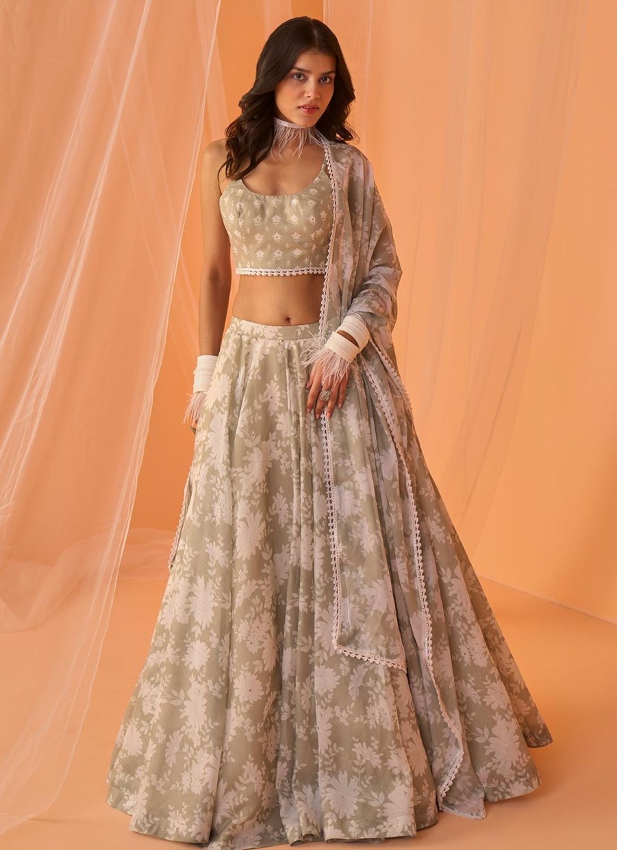 Women Lashkaraa | Light Sage White Floral Printed Lehenga