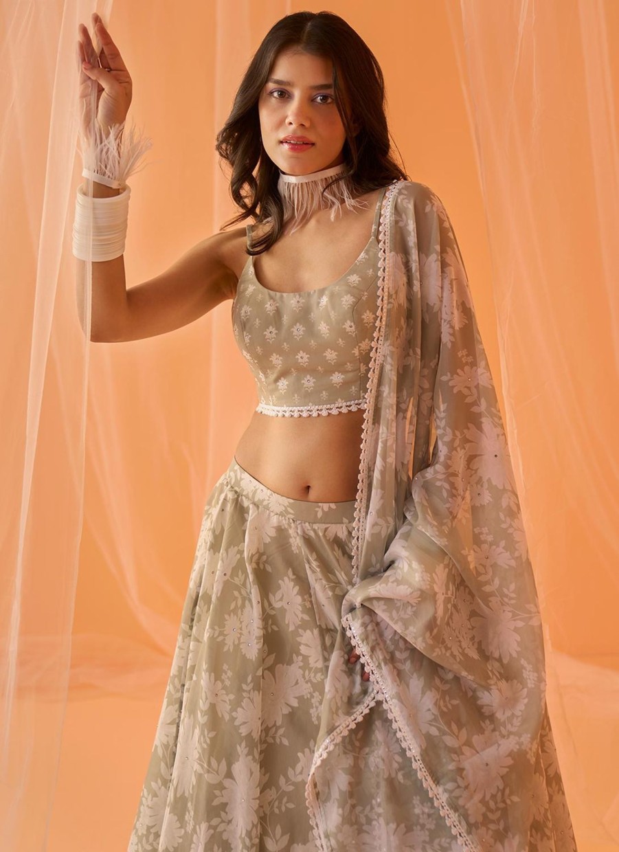 Women Lashkaraa | Light Sage White Floral Printed Lehenga