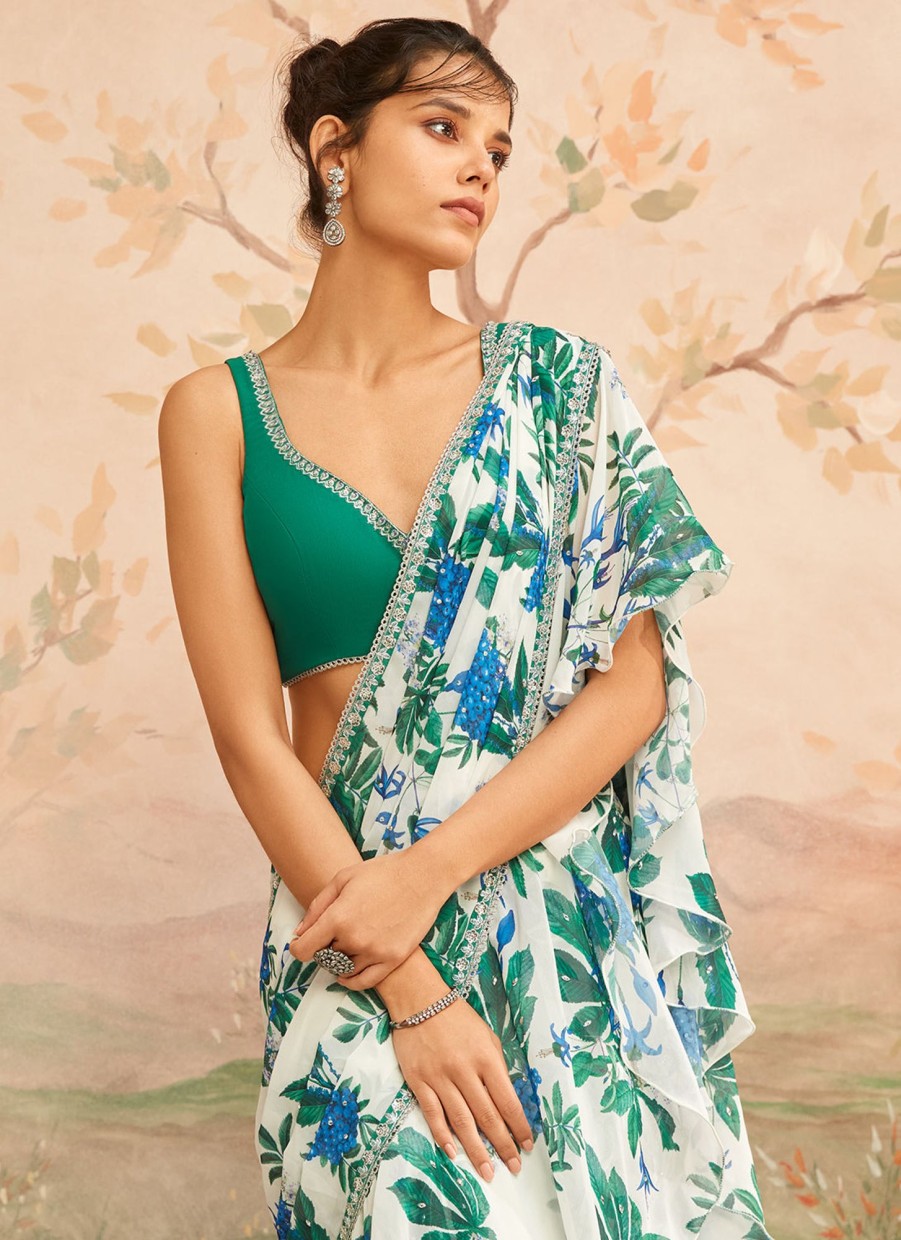 Women Lashkaraa | Green And White Floral Printed Saree