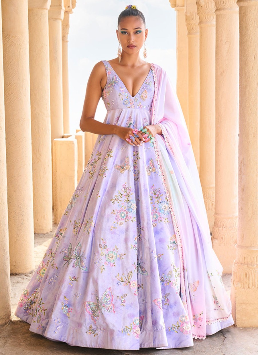 Women Lashkaraa | Periwinkle Embellished Velvet Anarkali Gown