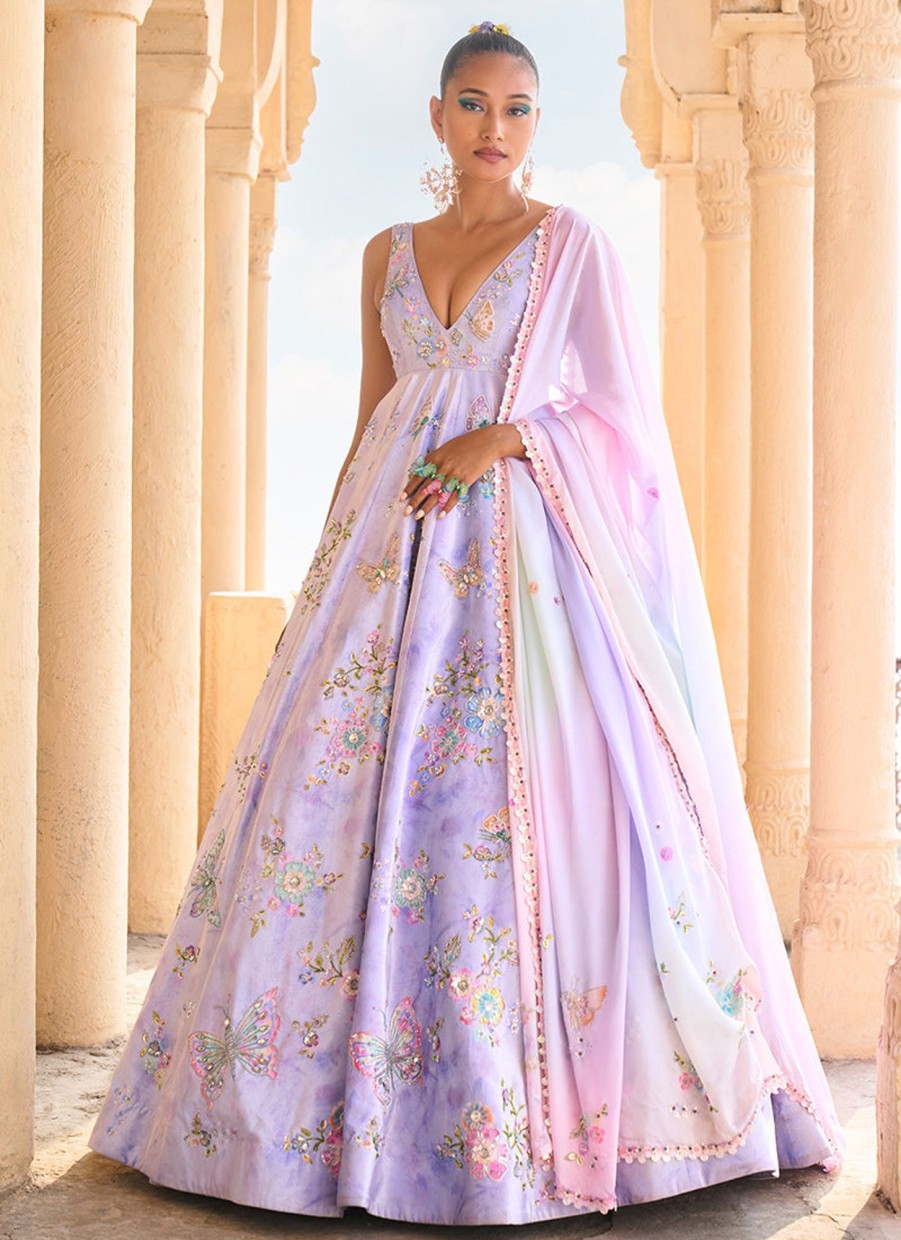 Women Lashkaraa | Periwinkle Embellished Velvet Anarkali Gown