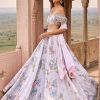 Women Lashkaraa | Light Grey Off Shoulder Embellished Velvet Lehenga