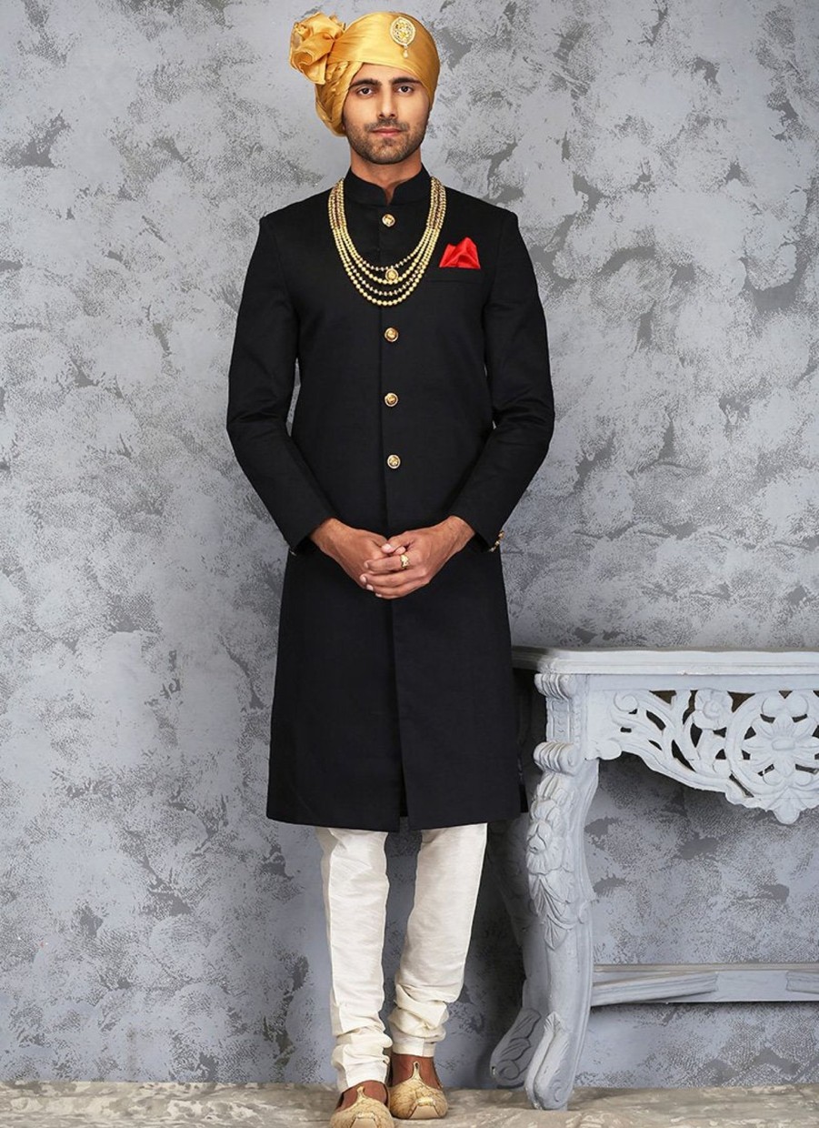 Men Lashkaraa | Black And White Silk Sherwani