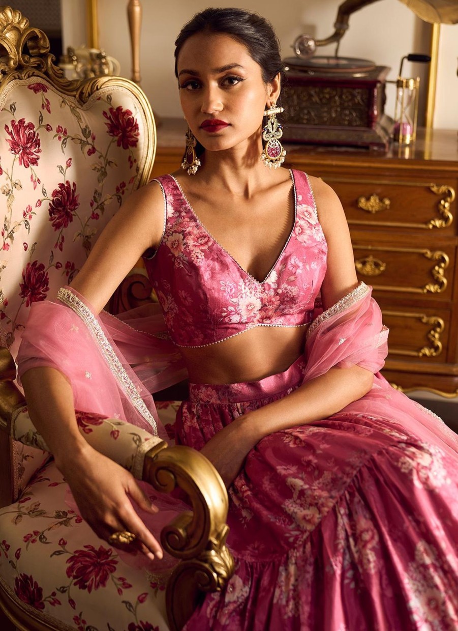 Women Lashkaraa | Dusty Pink Floral Printed Lehenga