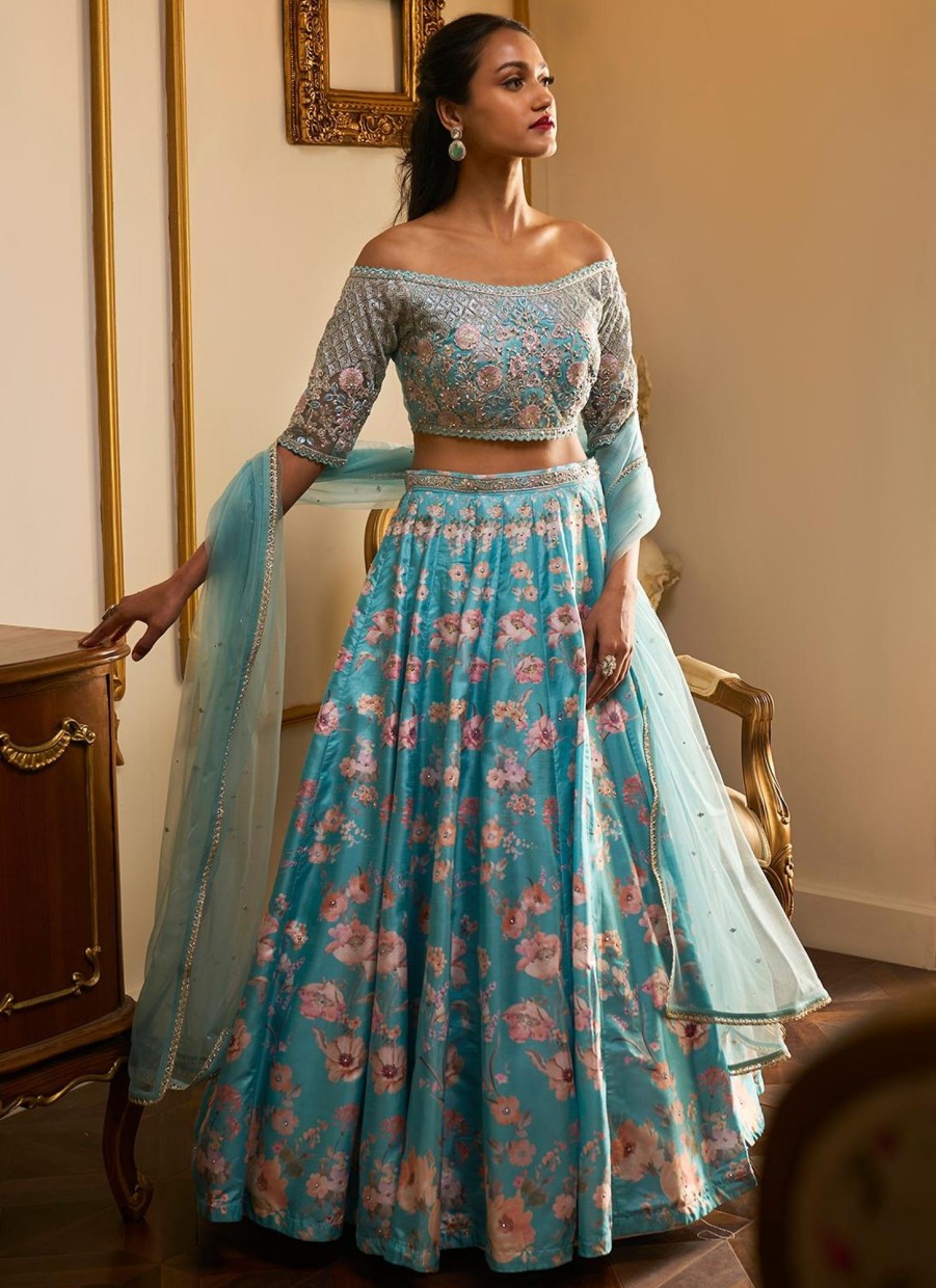 Women Lashkaraa | Light Turquoise Floral Printed Lehenga