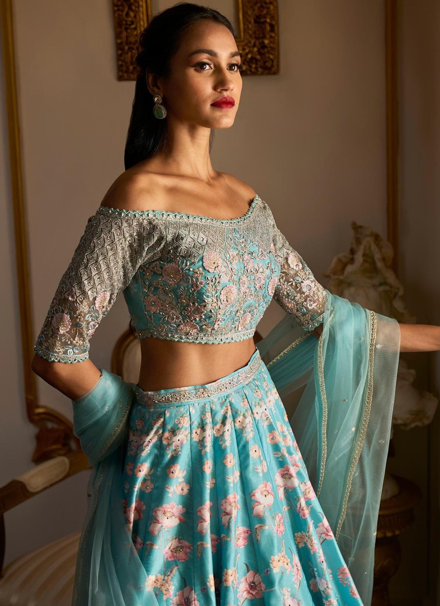 Women Lashkaraa | Light Turquoise Floral Printed Lehenga