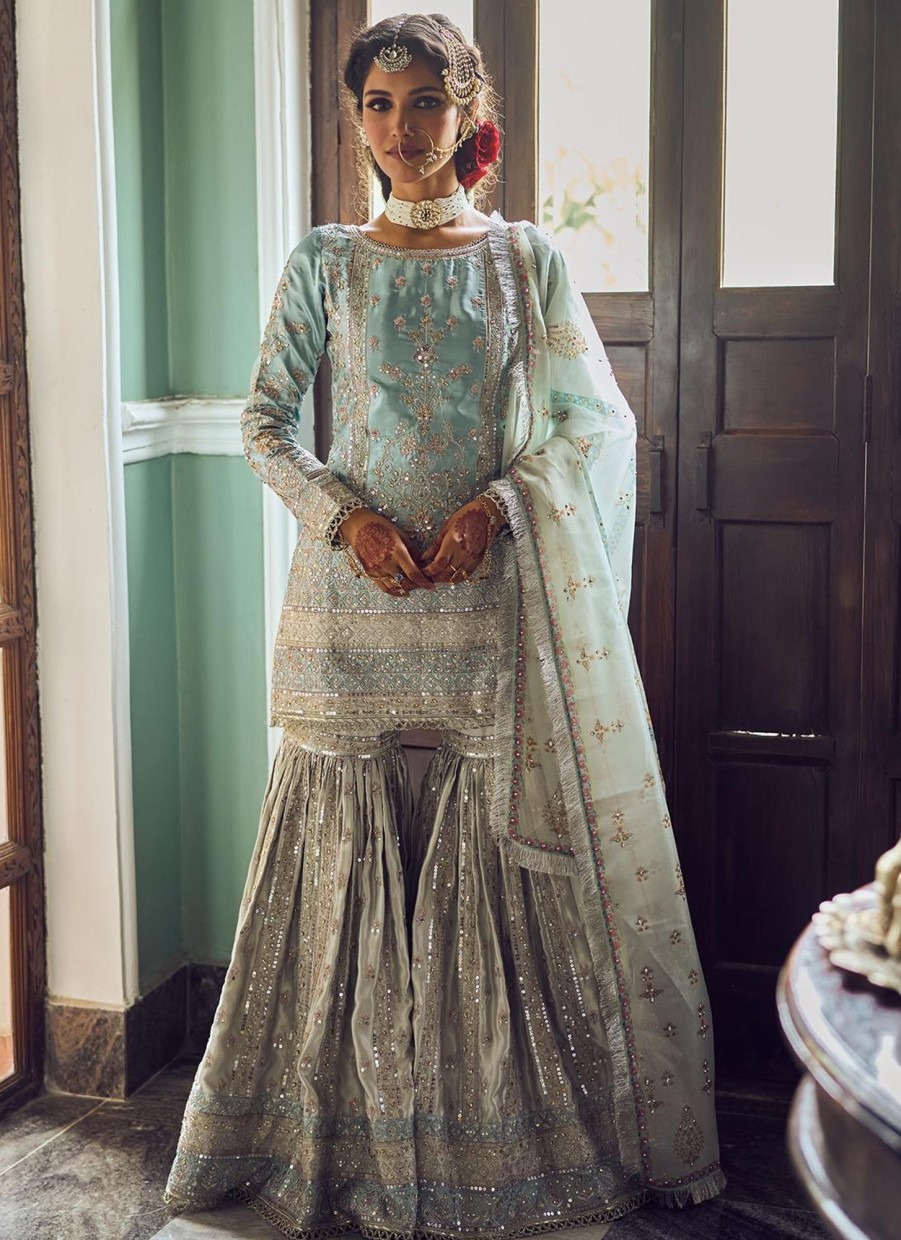 Women Lashkaraa | Dusty Blue And Grey Embroidered Gharara Suit