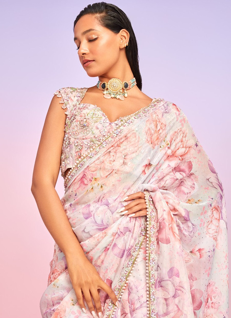 Women Lashkaraa | Light Pink Floral Embellished Saree