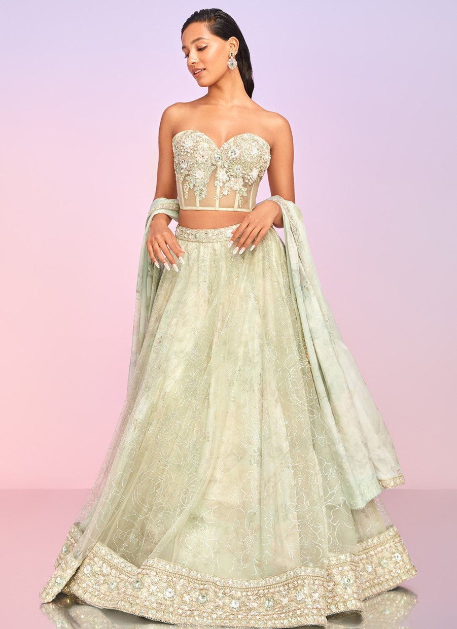 Women Lashkaraa | Light Green Floral Embellished Corset Style Lehenga