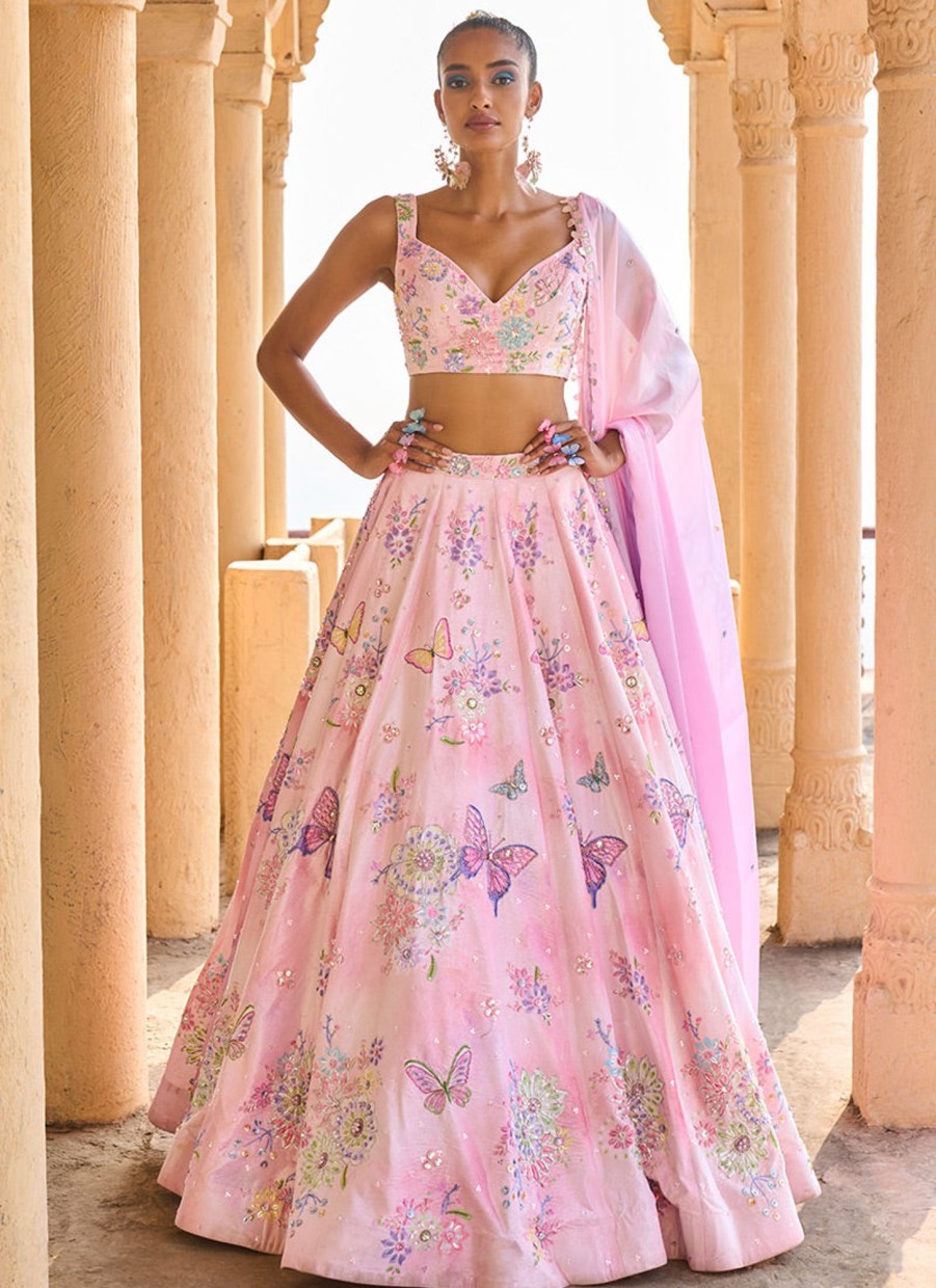 Women Lashkaraa | Peachy Pink Embellished Velvet Lehenga