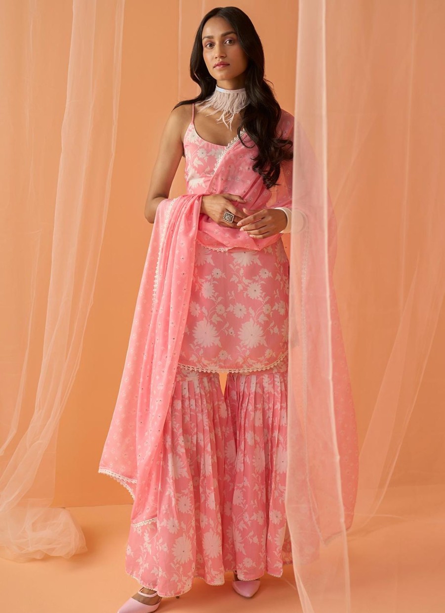 Women Lashkaraa | Light Pink White Floral Printed Gharara Suit