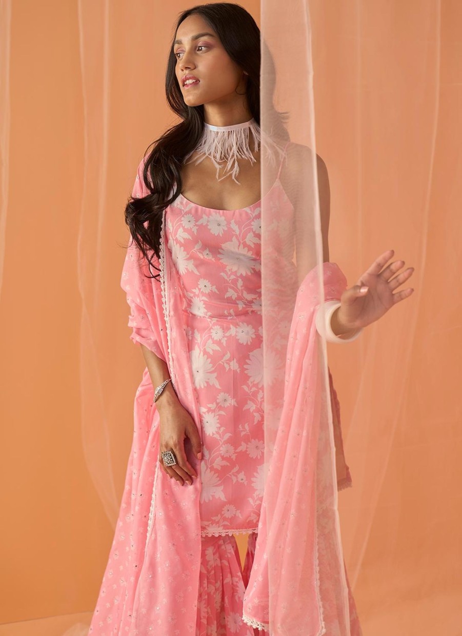 Women Lashkaraa | Light Pink White Floral Printed Gharara Suit