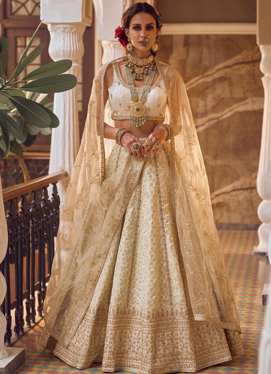 Women Lashkaraa | Off White Embroidered Brocade Lehenga