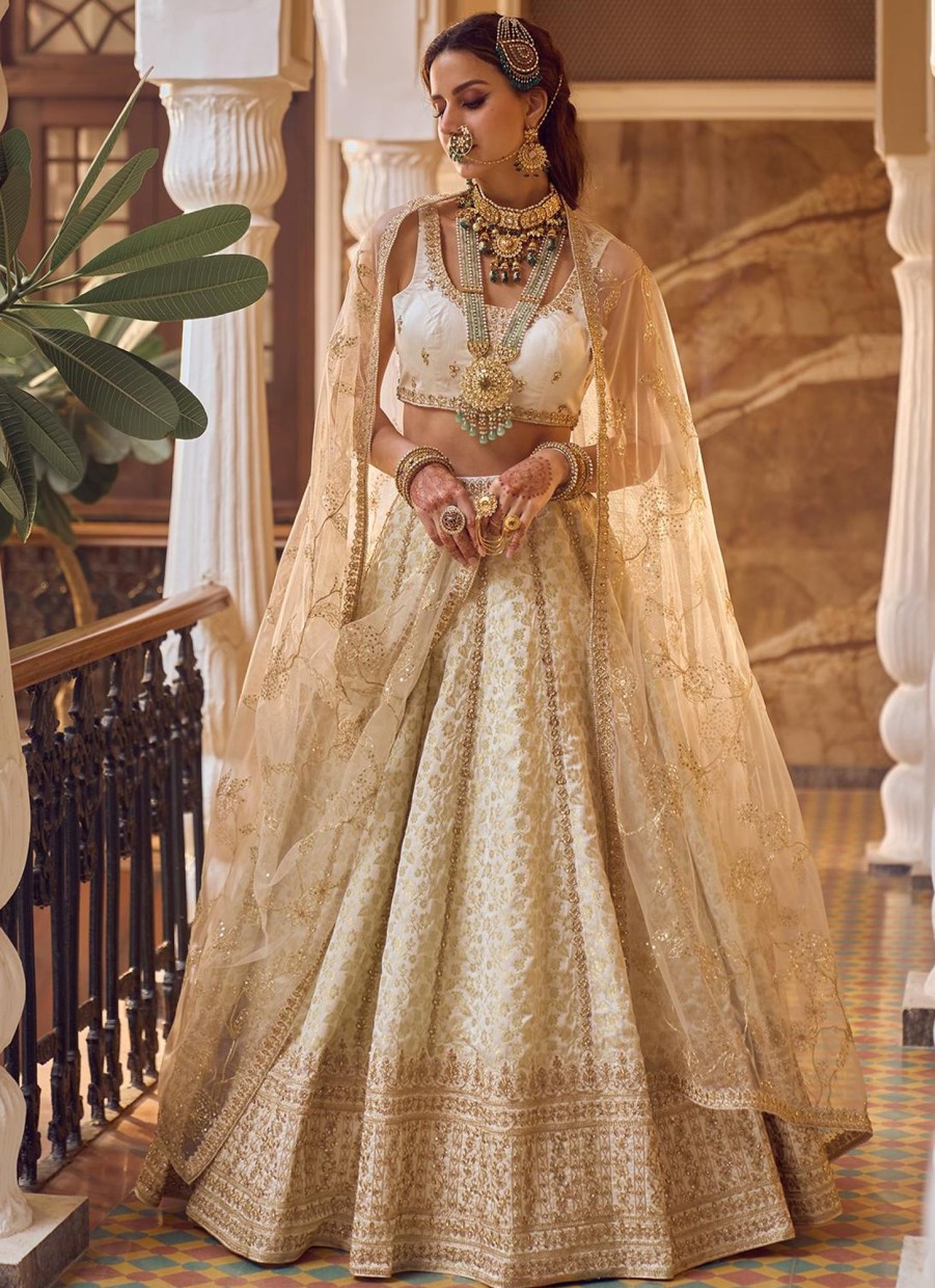 Women Lashkaraa | Off White Embroidered Brocade Lehenga