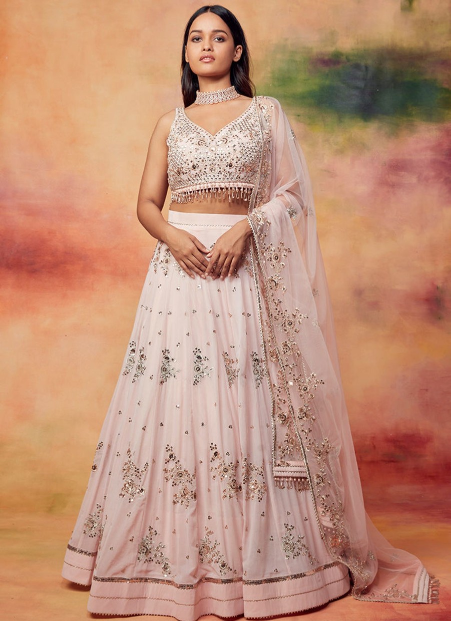 Women Lashkaraa | Peachy Pink Embroidered Georgette Lehenga