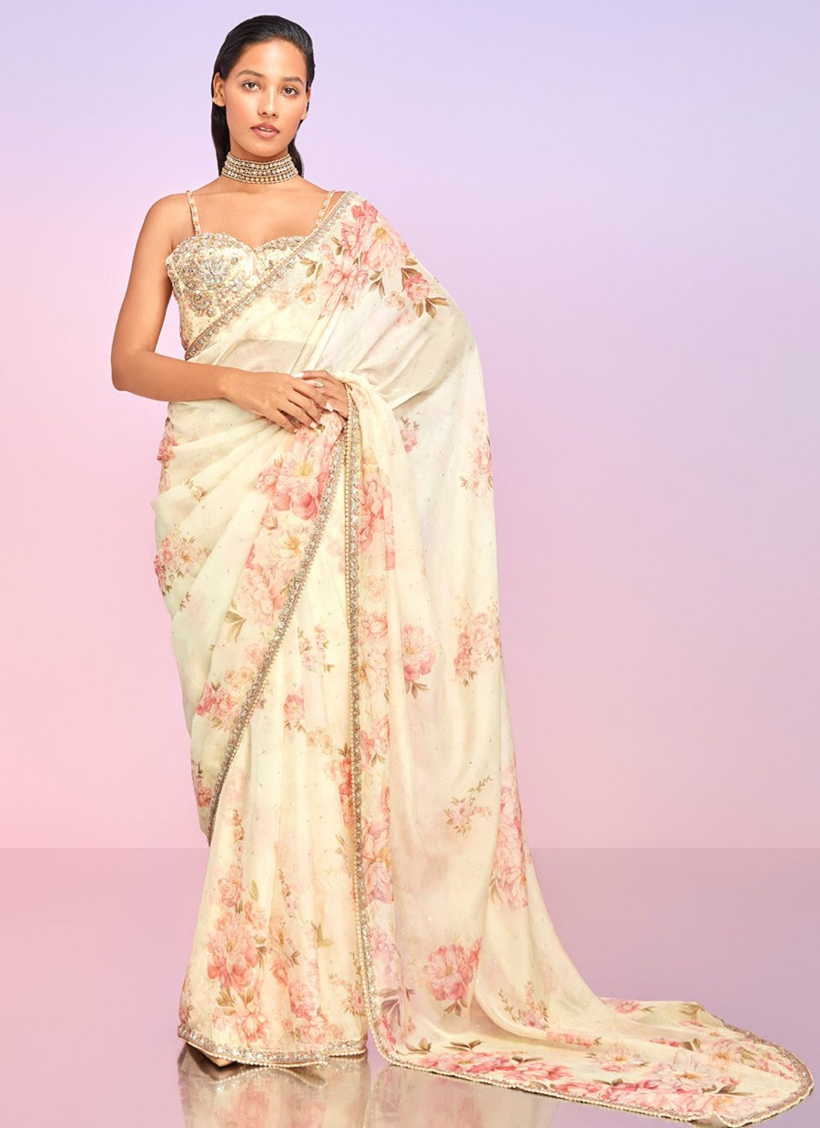 Women Lashkaraa | Soft Yellow Floral Embellished Saree