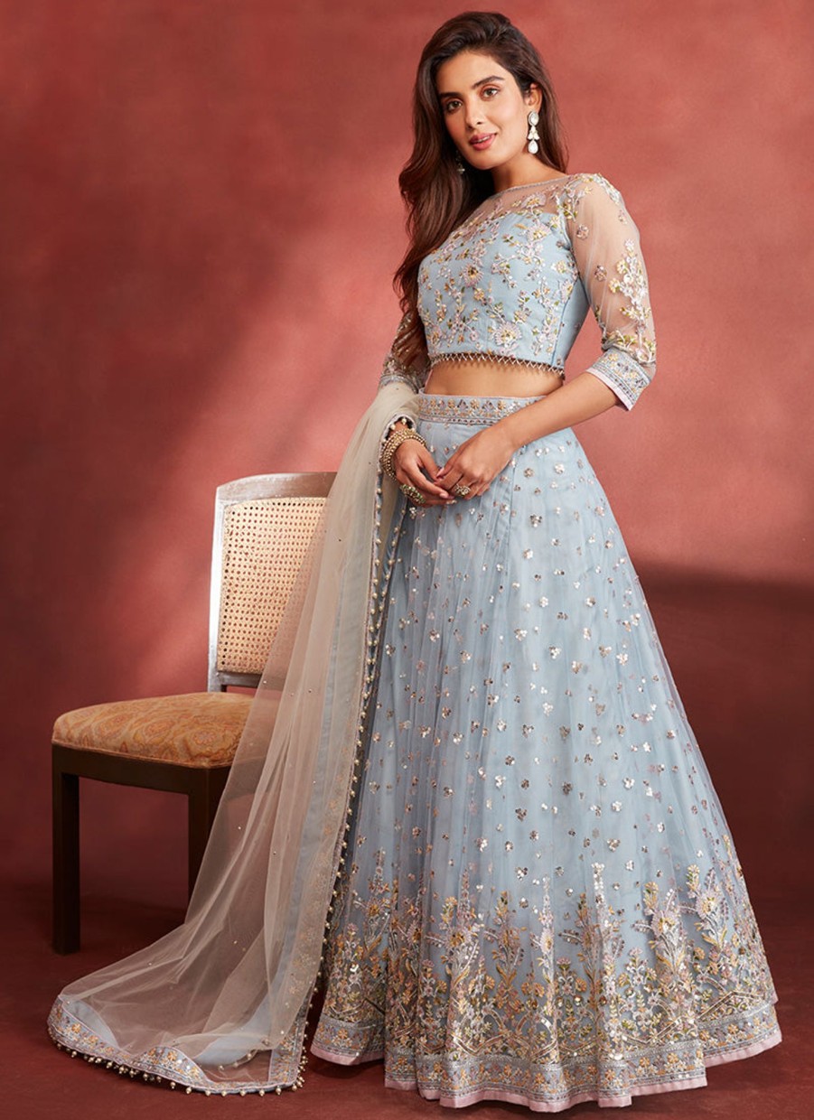 Women Lashkaraa | Dusty Blue Embroidered Net Lehenga