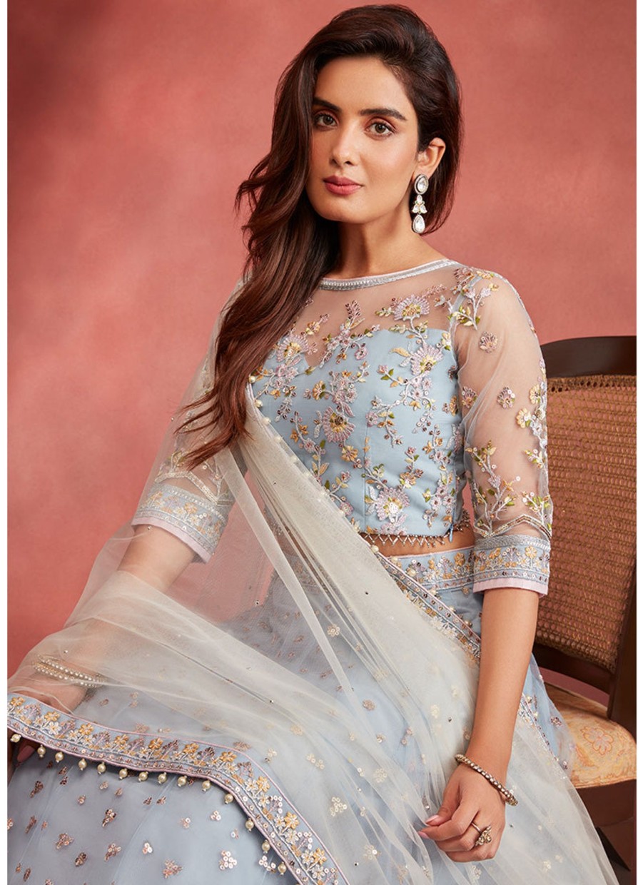 Women Lashkaraa | Dusty Blue Embroidered Net Lehenga