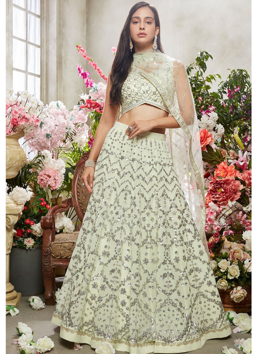 Women Lashkaraa | Light Dusty Green Embroidered Lehenga