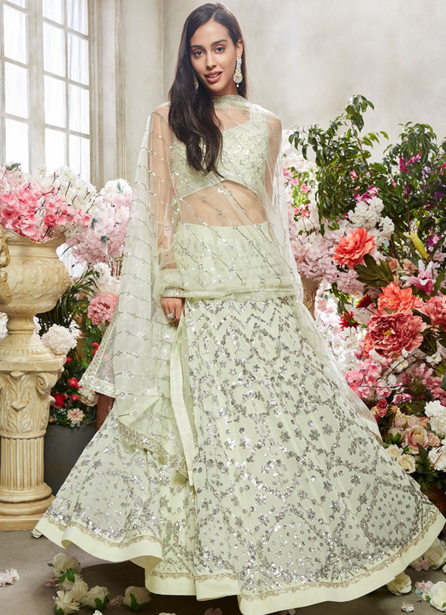 Women Lashkaraa | Light Dusty Green Embroidered Lehenga