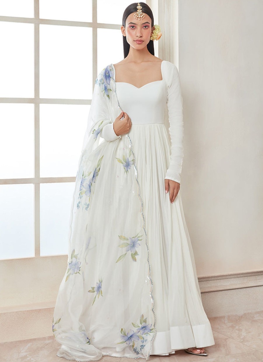 Women Lashkaraa | White Georgette Anarkali With Floral Printed Dupatta