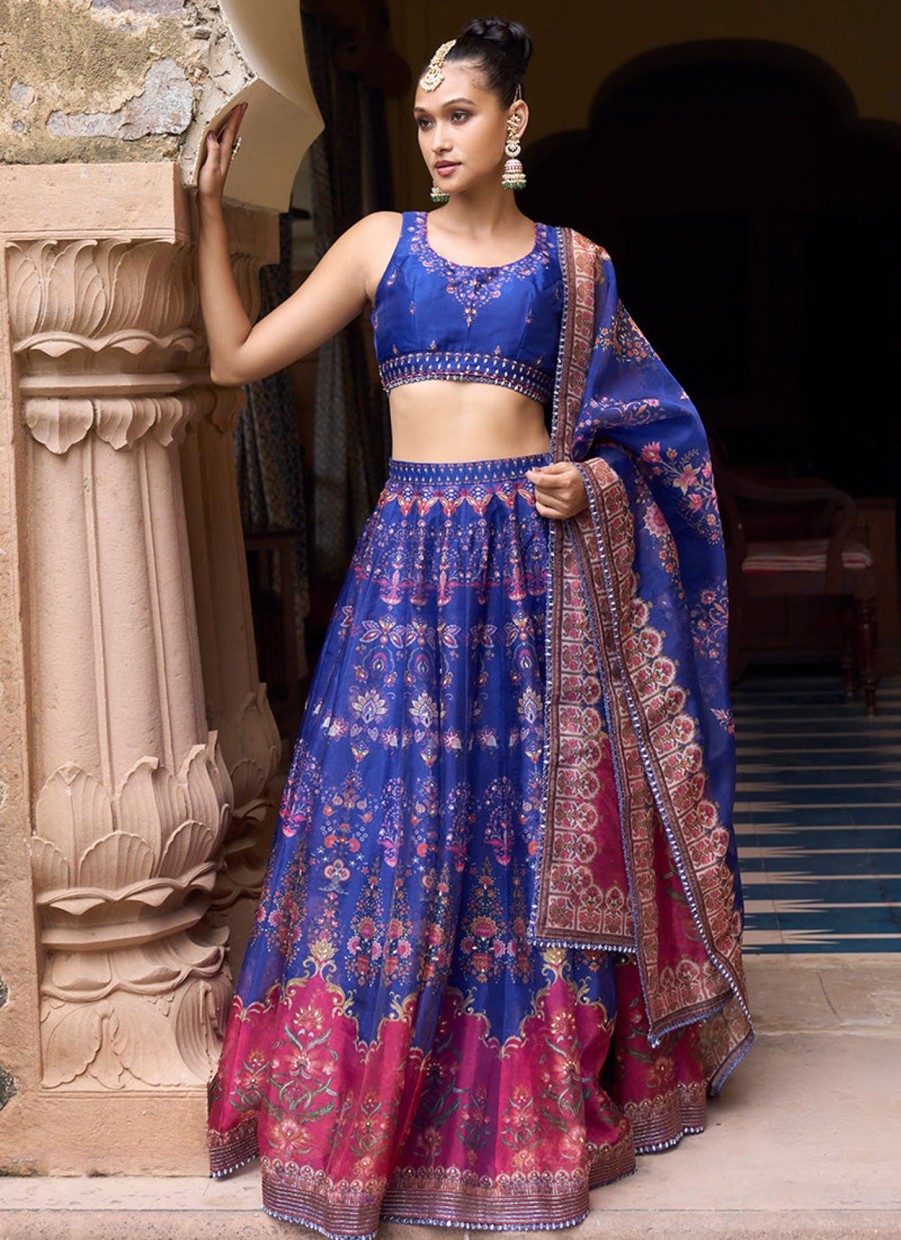 Women Lashkaraa | Royal Blue Printed Organza Lehenga