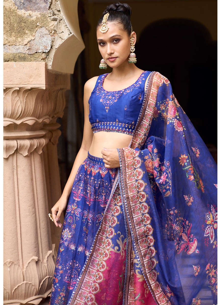 Women Lashkaraa | Royal Blue Printed Organza Lehenga