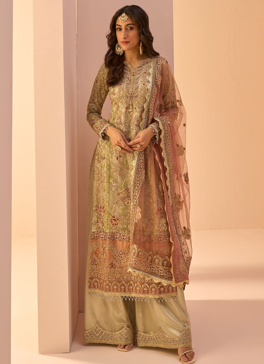 Women Lashkaraa | Dusty Mint Multicolor Embroidered Palazzo Suit