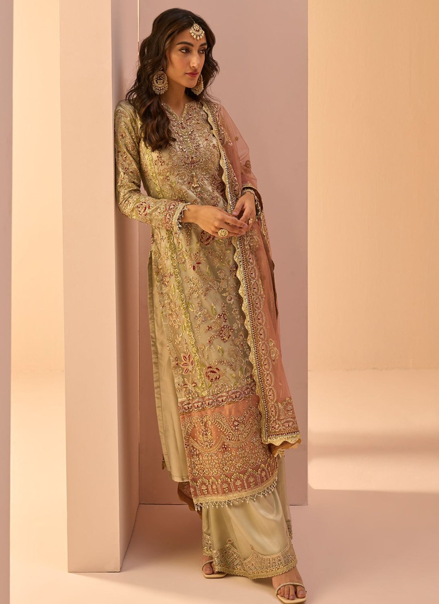 Women Lashkaraa | Dusty Mint Multicolor Embroidered Palazzo Suit