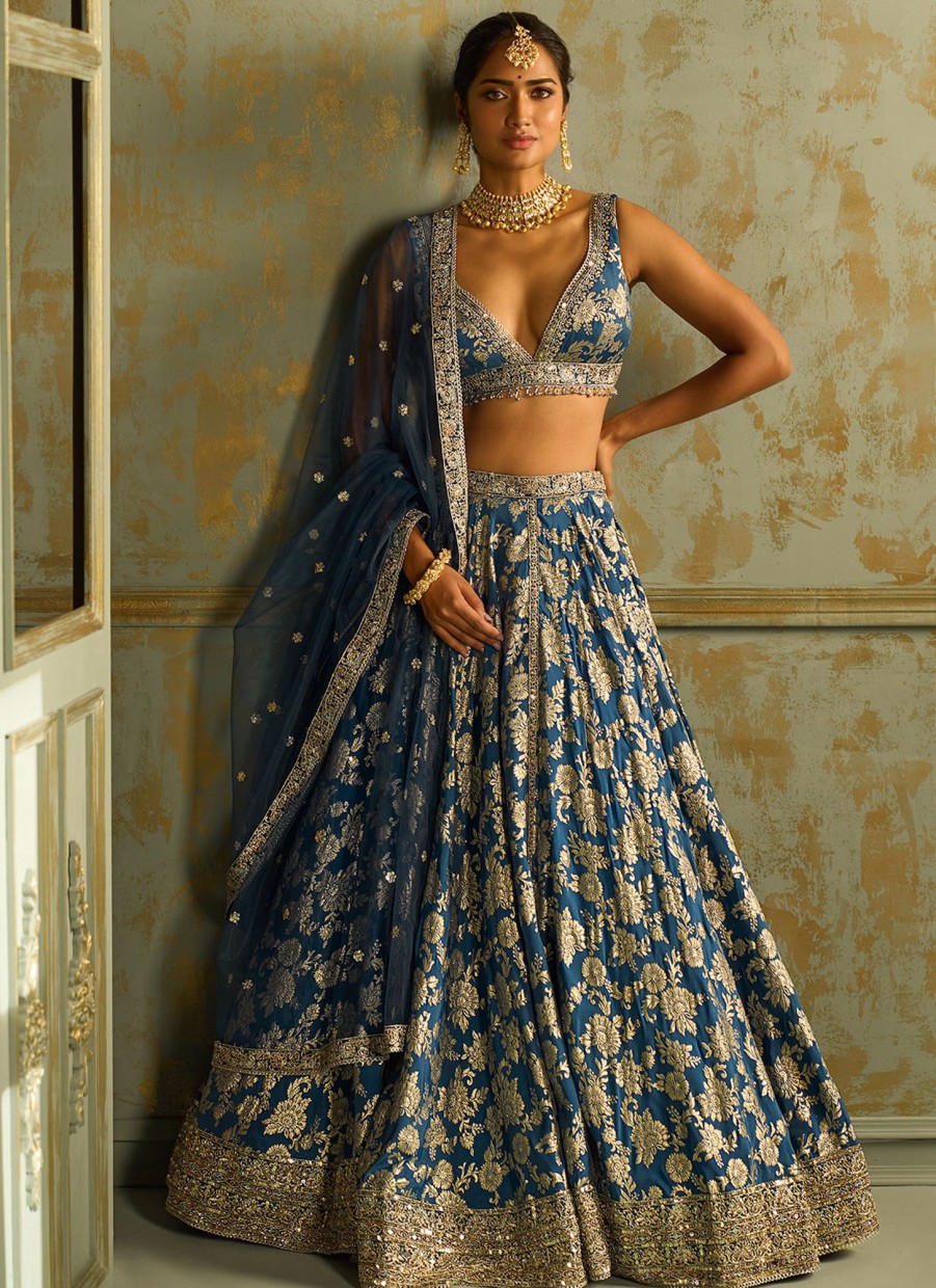 Women Lashkaraa | Blue Embroidered Brocade Lehenga