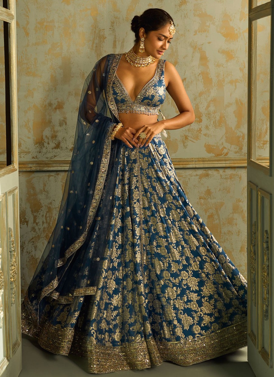 Women Lashkaraa | Blue Embroidered Brocade Lehenga