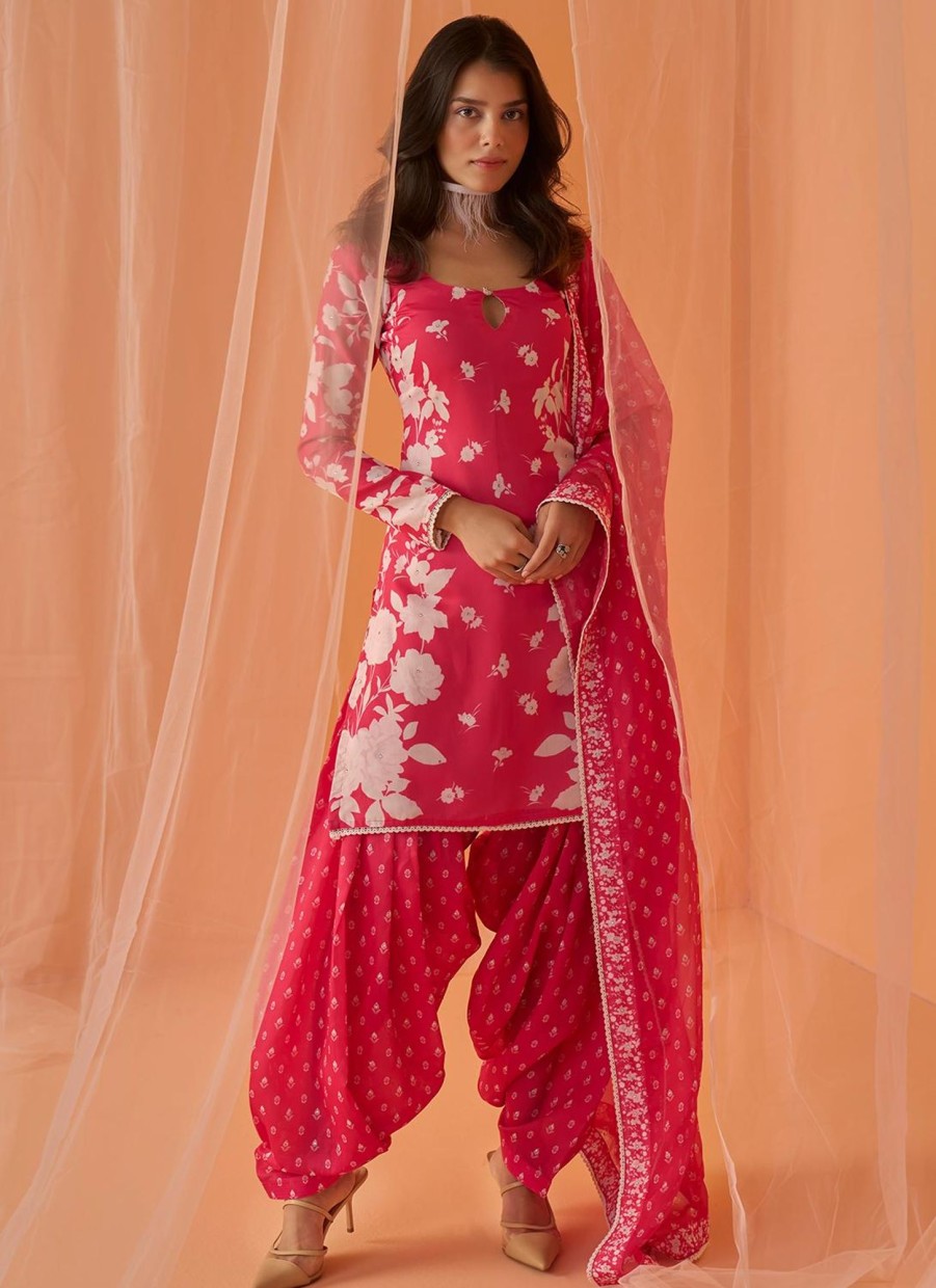 Women Lashkaraa | Hot Pink White Floral Printed Punjabi Suit