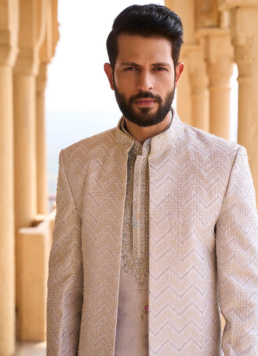 Men Lashkaraa | Light Grey Hand Embroidered Velvet Jodhpuri Set