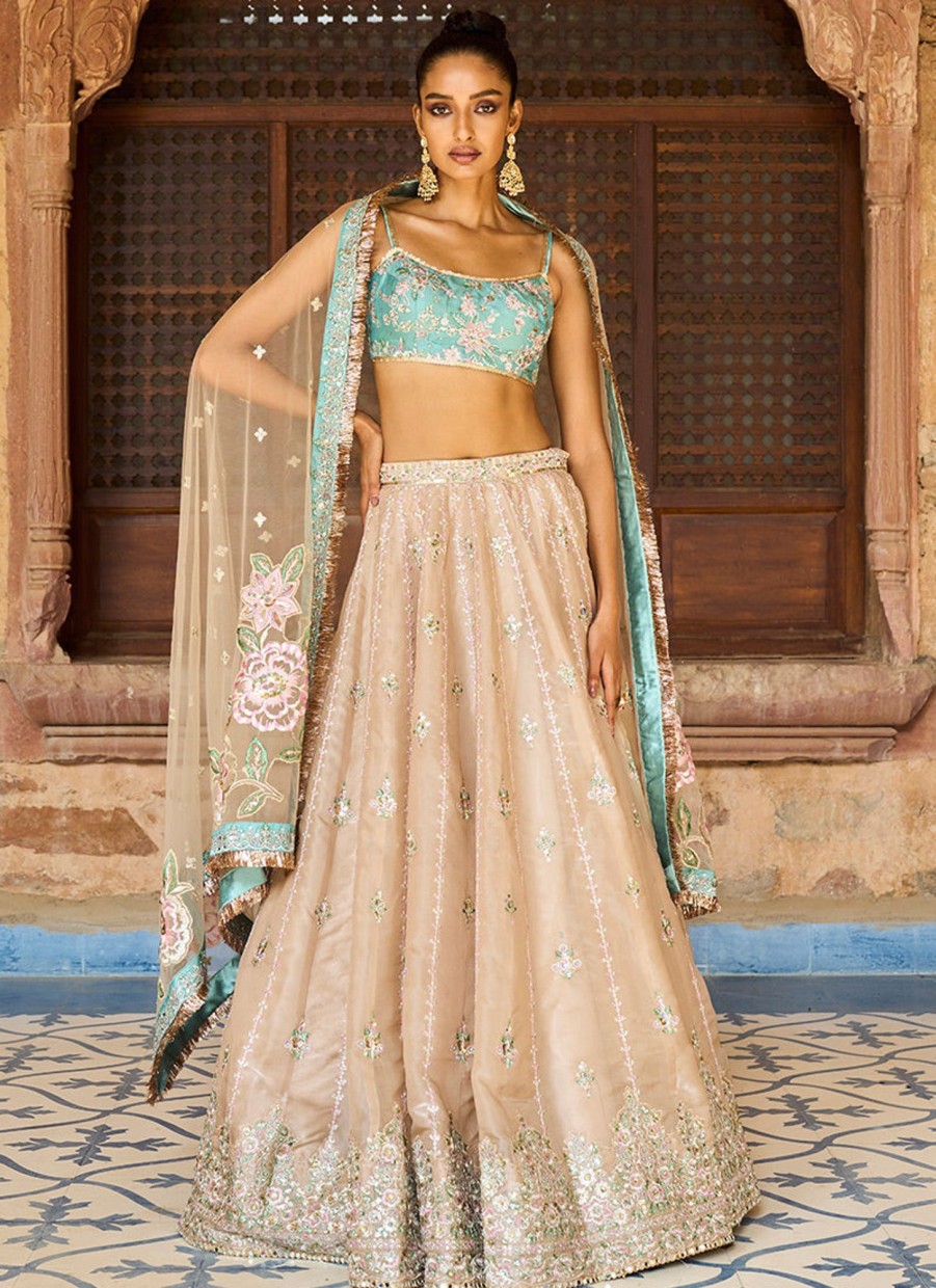 Women Lashkaraa | Golden Beige And Dusty Teal Embroidered Lehenga